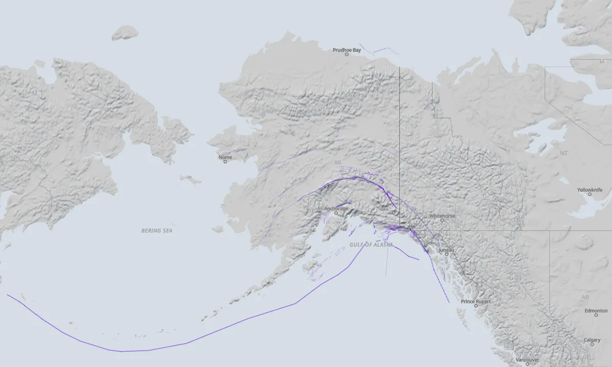 Shaded relief map of Alaska with active faults