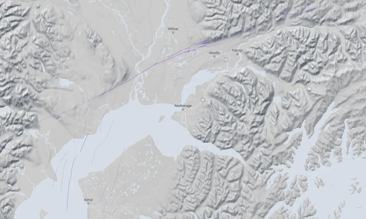 Shaded relief map of Anchorage with active faults