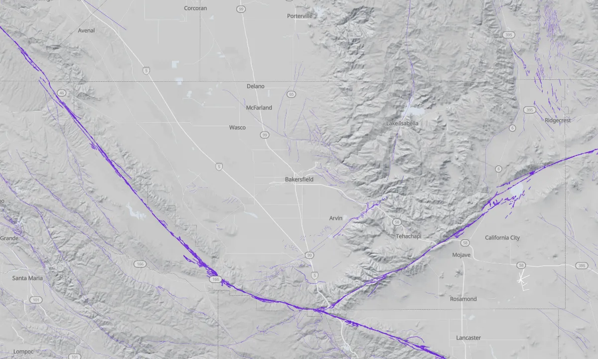 Shaded relief map of Bakersfield with active faults
