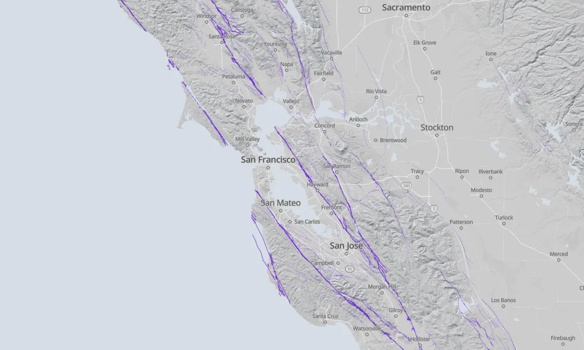 Shaded relief map of the Bay Area with active faults