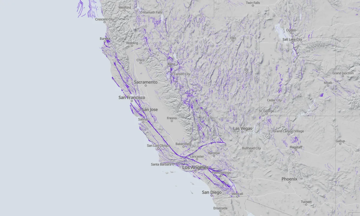 Shaded relief map of California with active faults