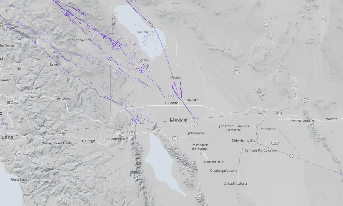 Shaded relief map of El Centro with active faults