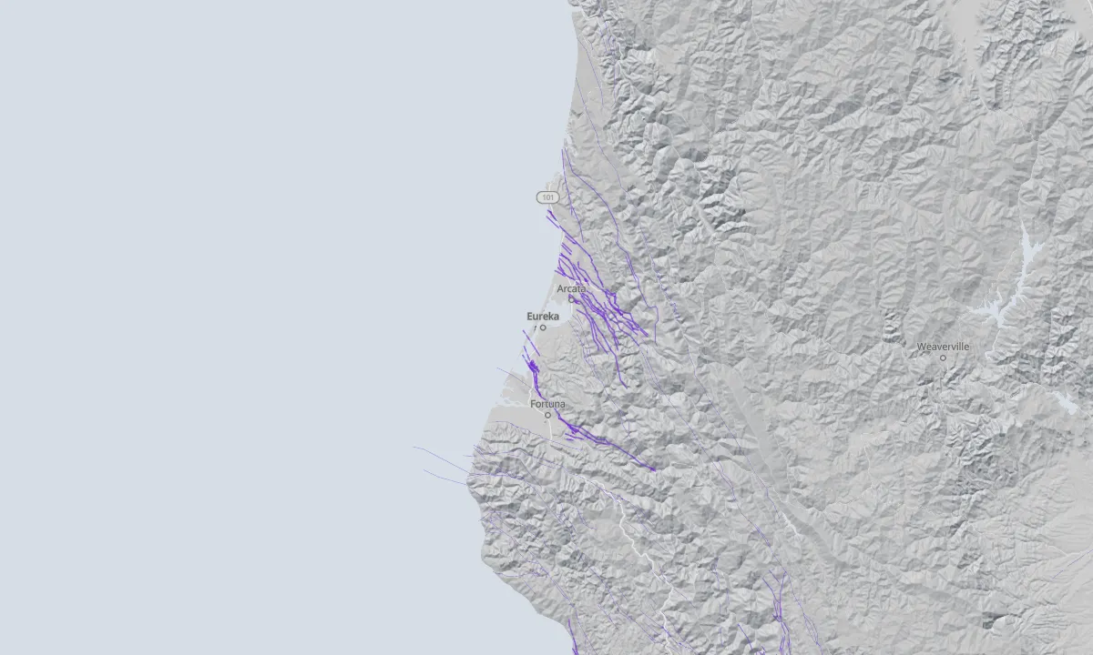 Shaded relief map of Eureka with active faults