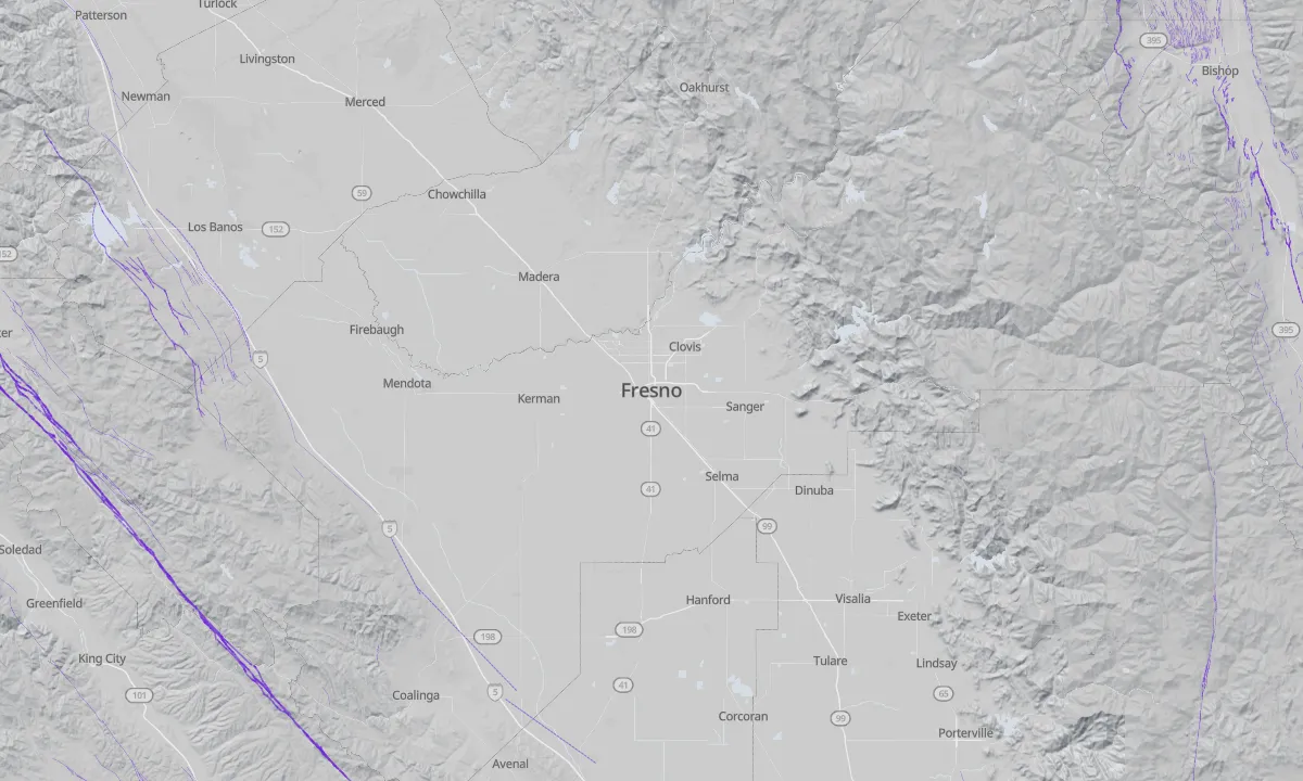 Shaded relief map of Fresno with active faults