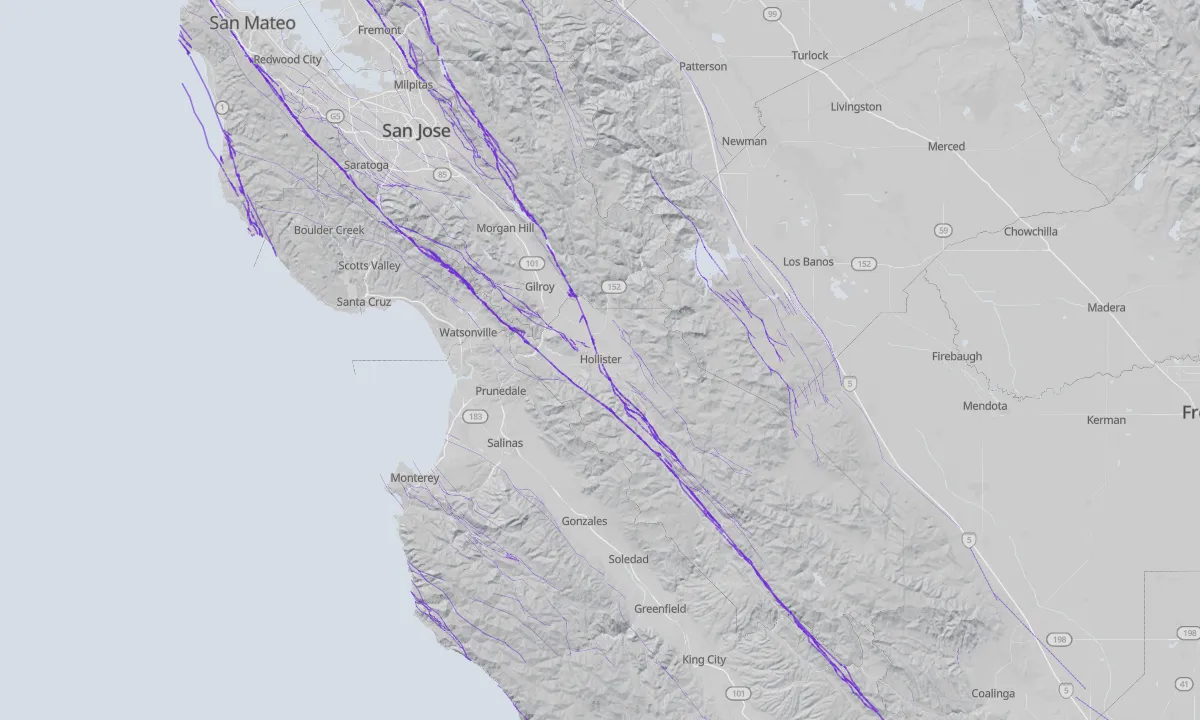 Shaded relief map of Hollister with active faults