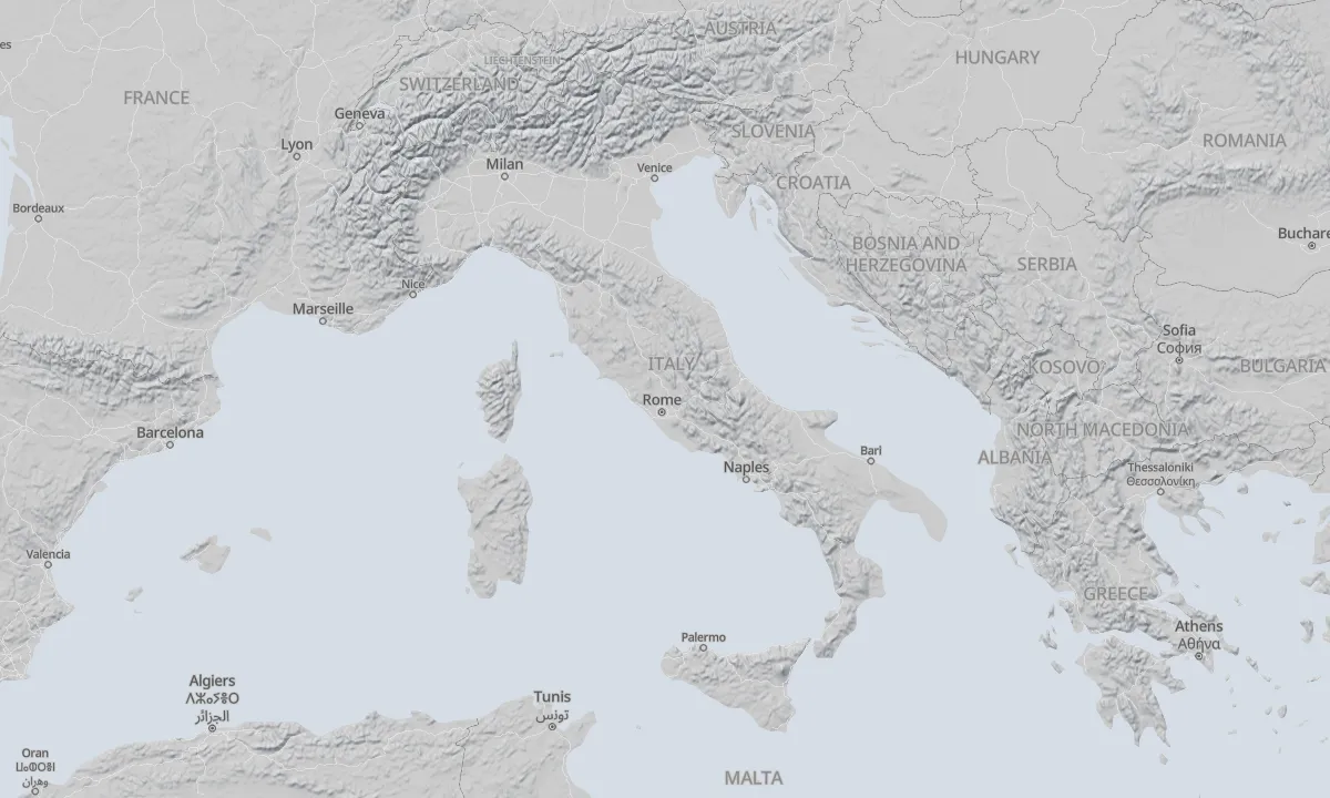 Shaded relief map of Italy