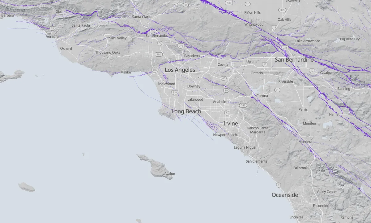 Shaded relief map of Long Beach with active faults