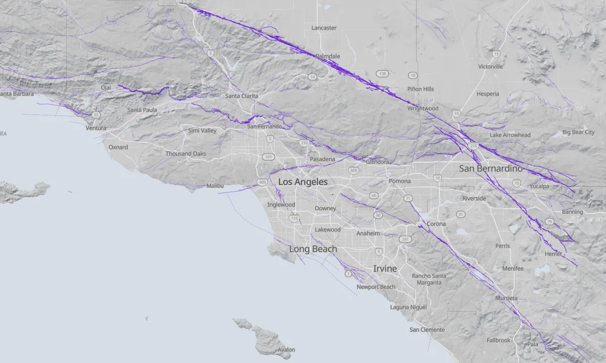 Shaded relief map of Los Angeles with active faults