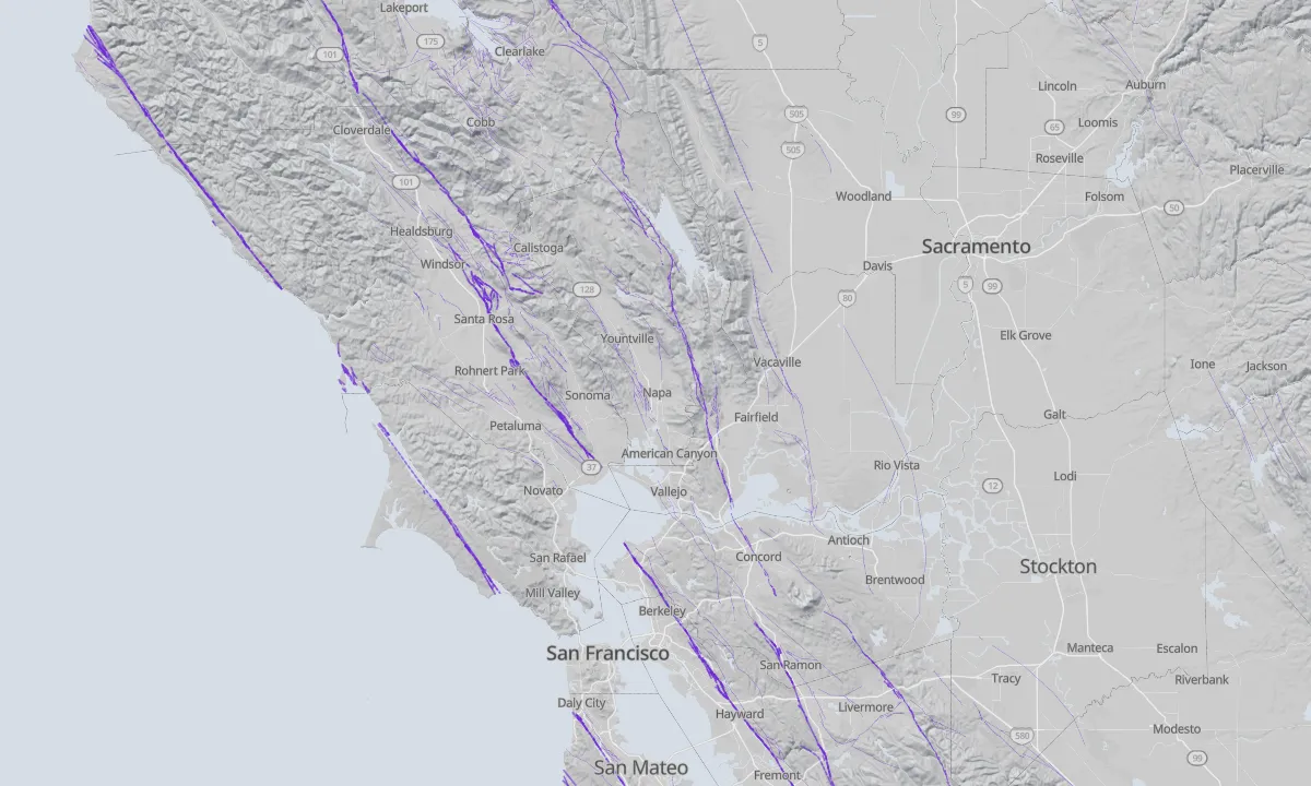 Shaded relief map of Napa with active faults