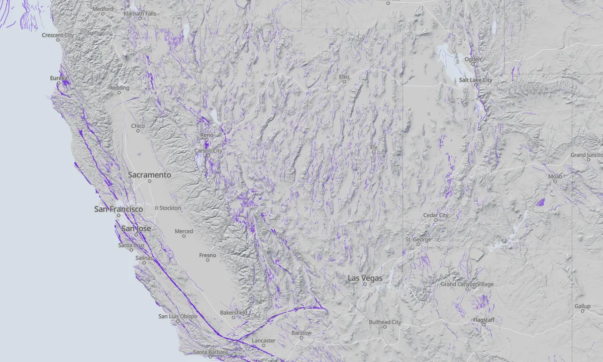 Shaded relief map of Nevada with active faults