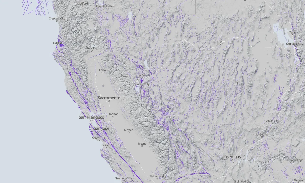 Shaded relief map of Northern California with active faults