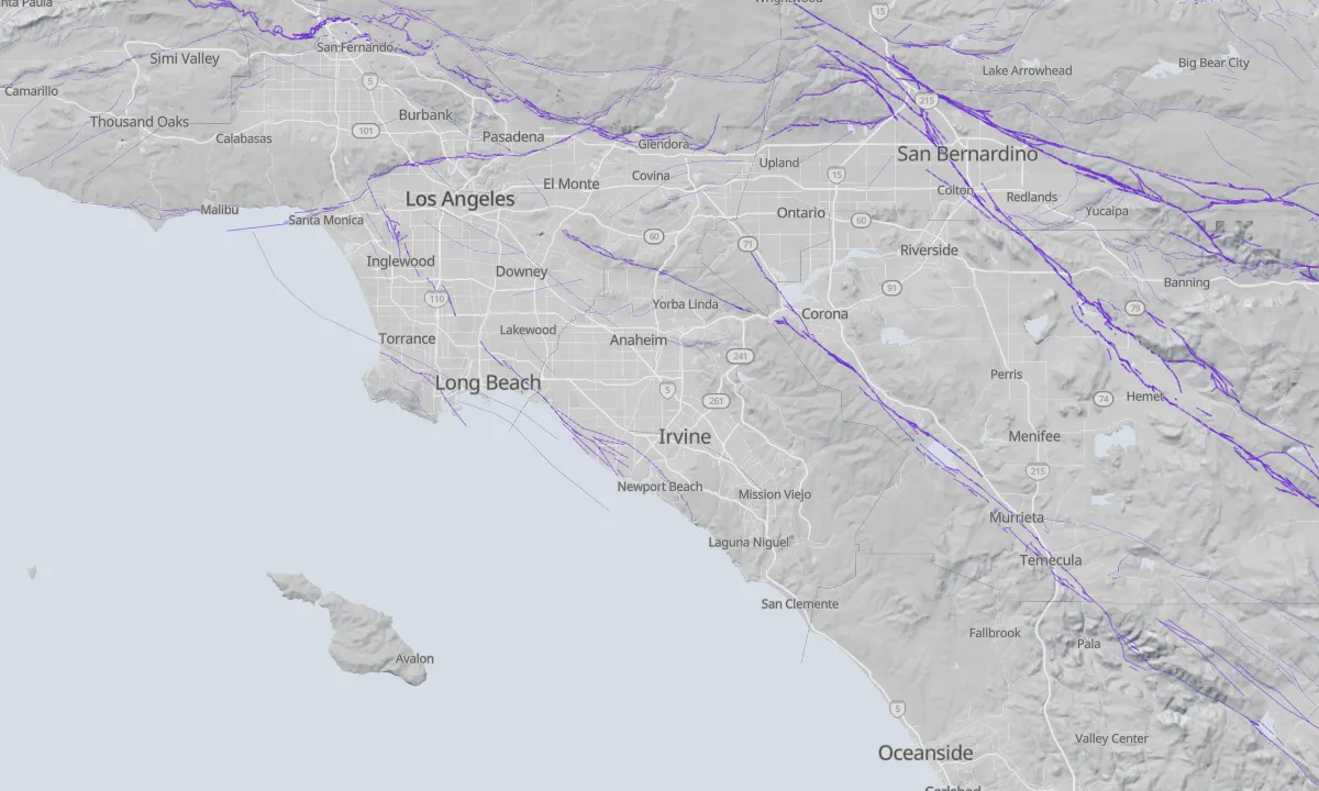 Shaded relief map of Orange County with active faults