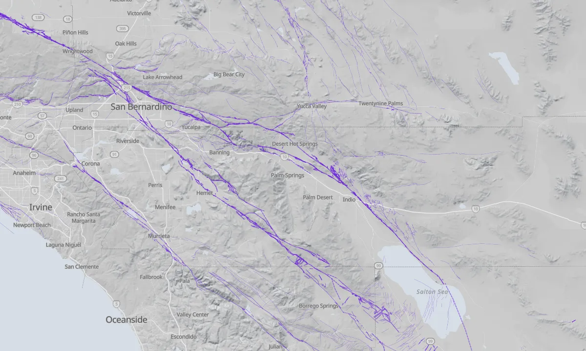 Shaded relief map of Palm Springs with active faults