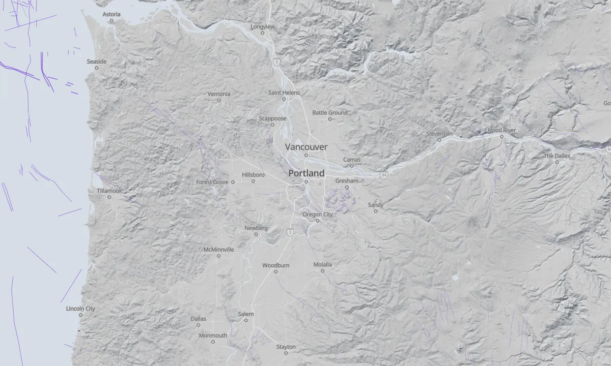 Shaded relief map of Portland with active faults