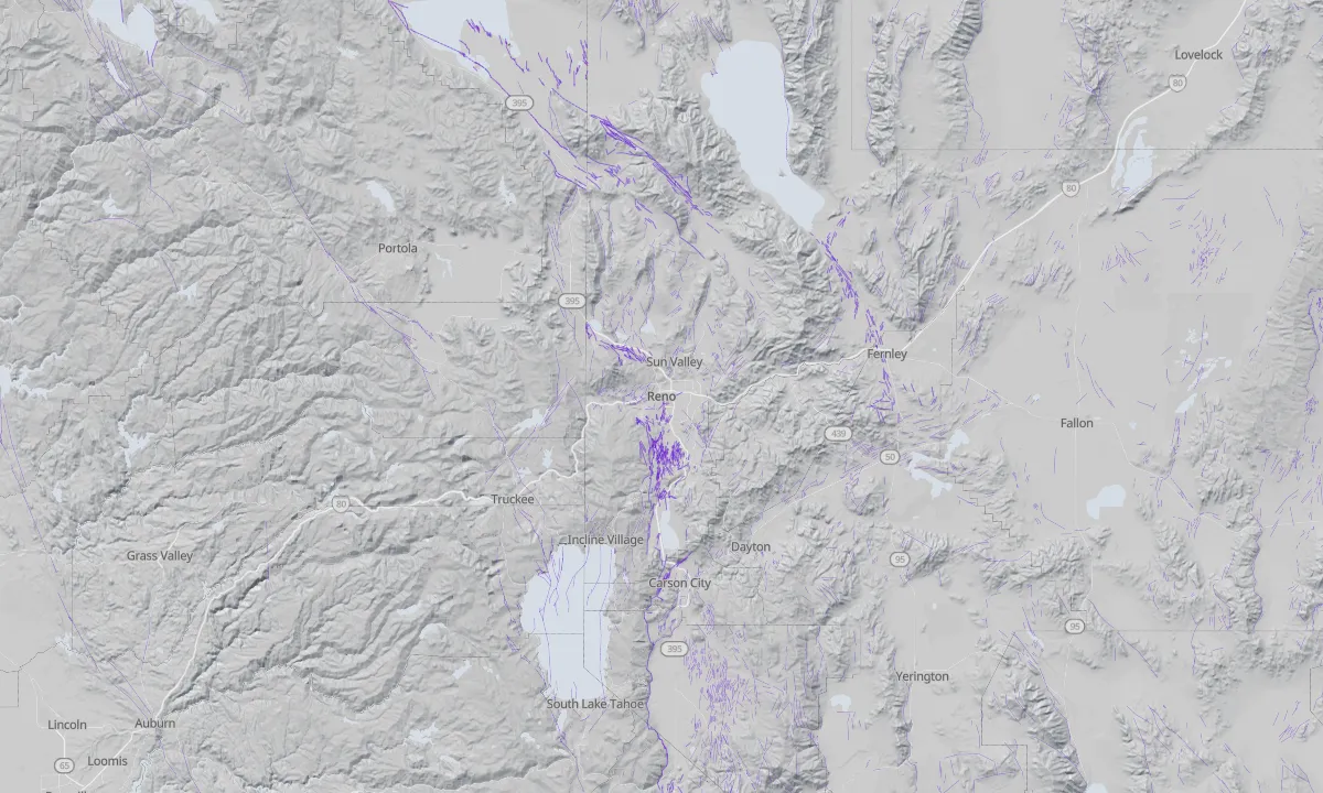 Shaded relief map of Reno with active faults