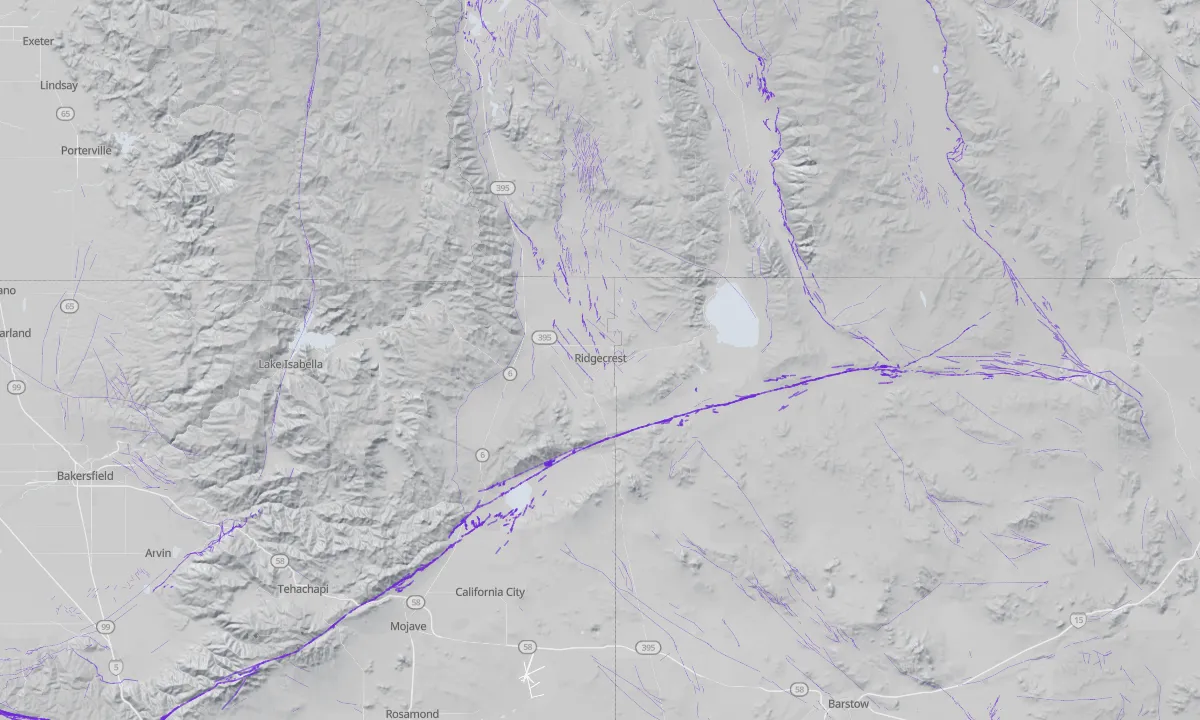 Shaded relief map of Ridgecrest with active faults