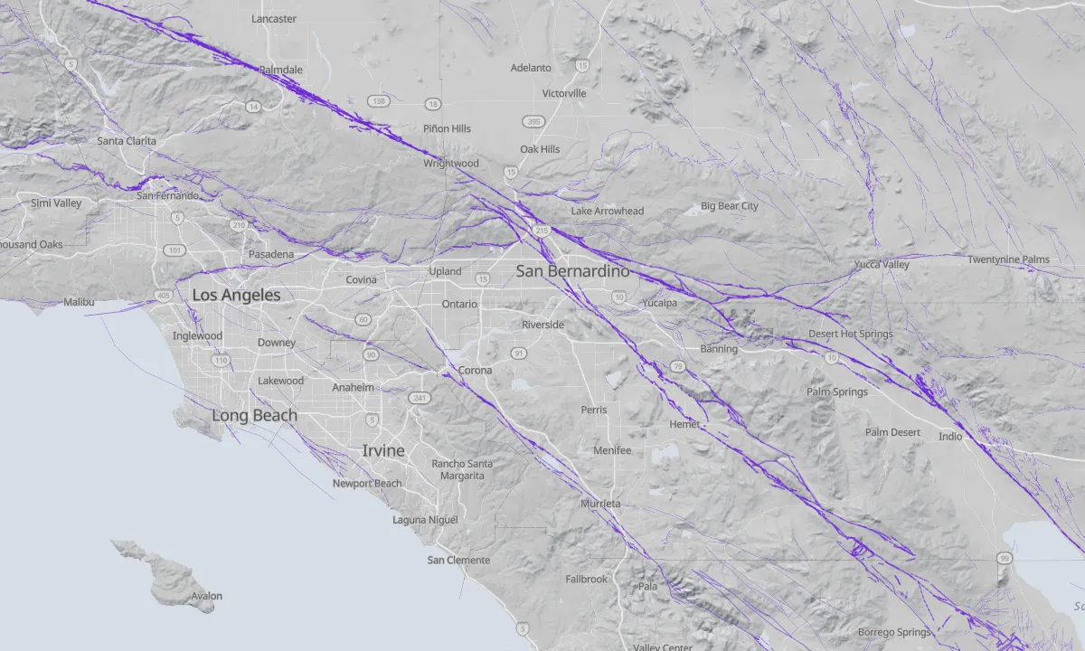 Shaded relief map of Riverside with active faults