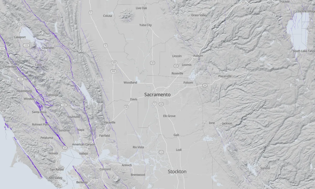 Shaded relief map of Sacramento with active faults