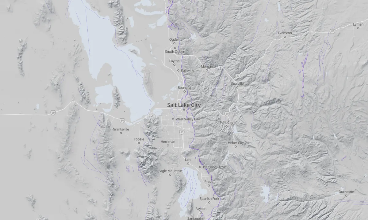 Shaded relief map of Salt Lake City with active faults