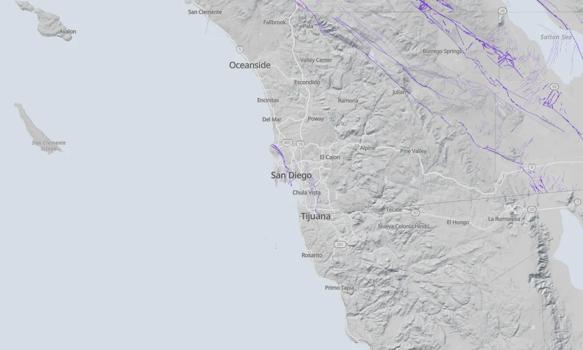 Shaded relief map of San Diego with active faults