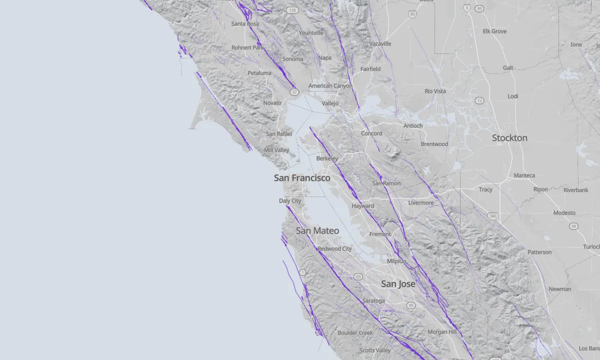 Shaded relief map of San Francisco with active faults