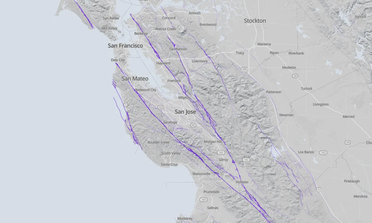 Shaded relief map of San Jose with active faults