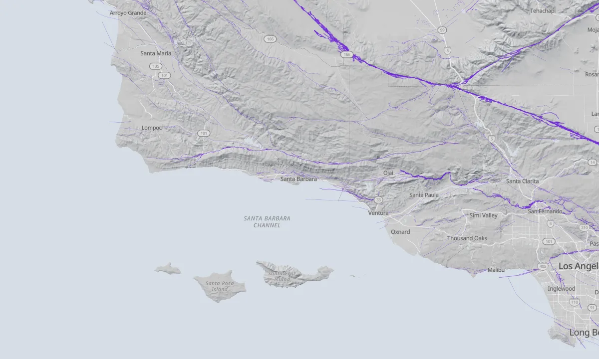 Shaded relief map of Santa Barbara with active faults