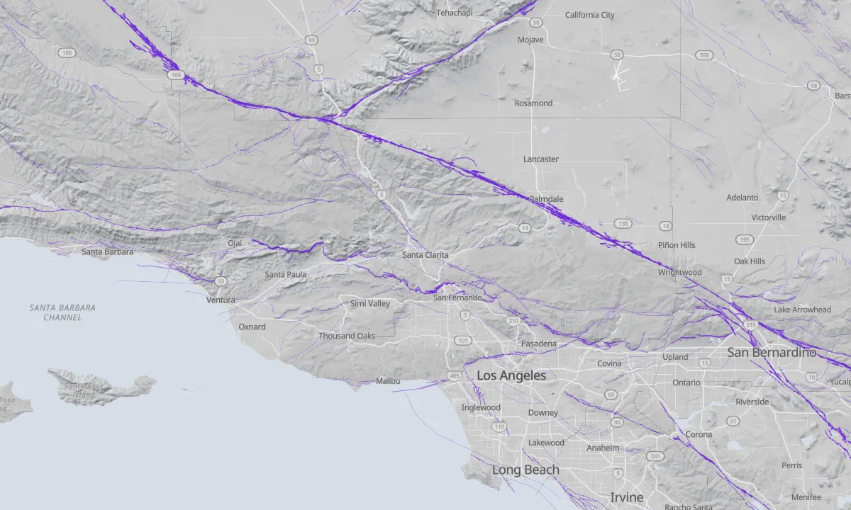 Shaded relief map of Santa Clarita with active faults