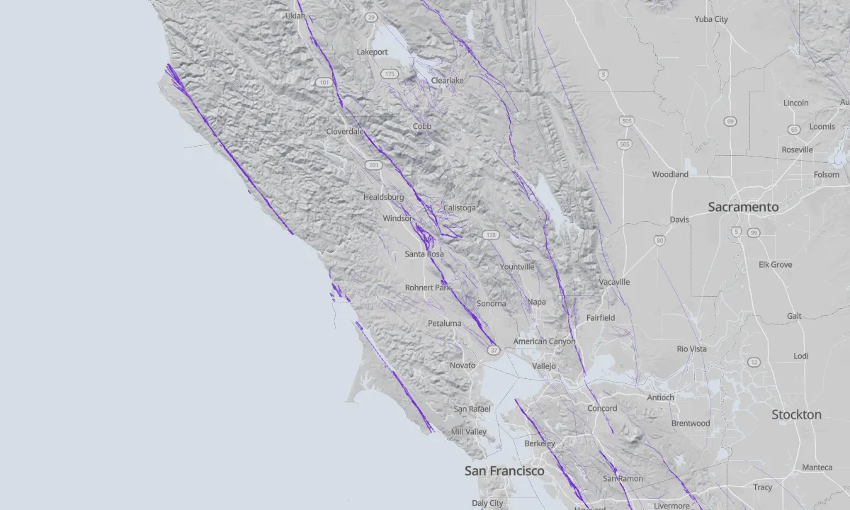 Shaded relief map of Santa Rosa with active faults
