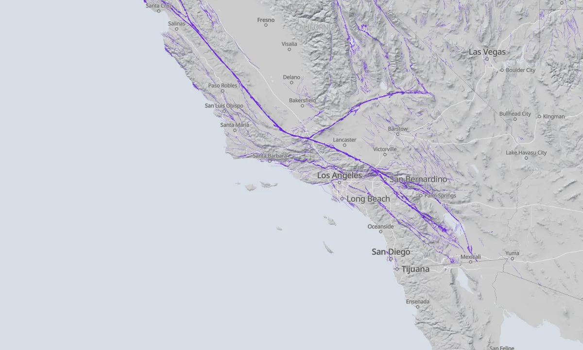 Shaded relief map of Southern California with active faults