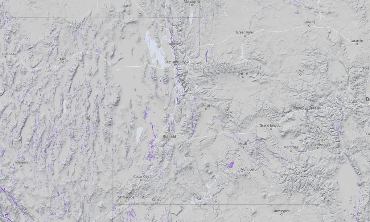 Shaded relief map of Utah with active faults
